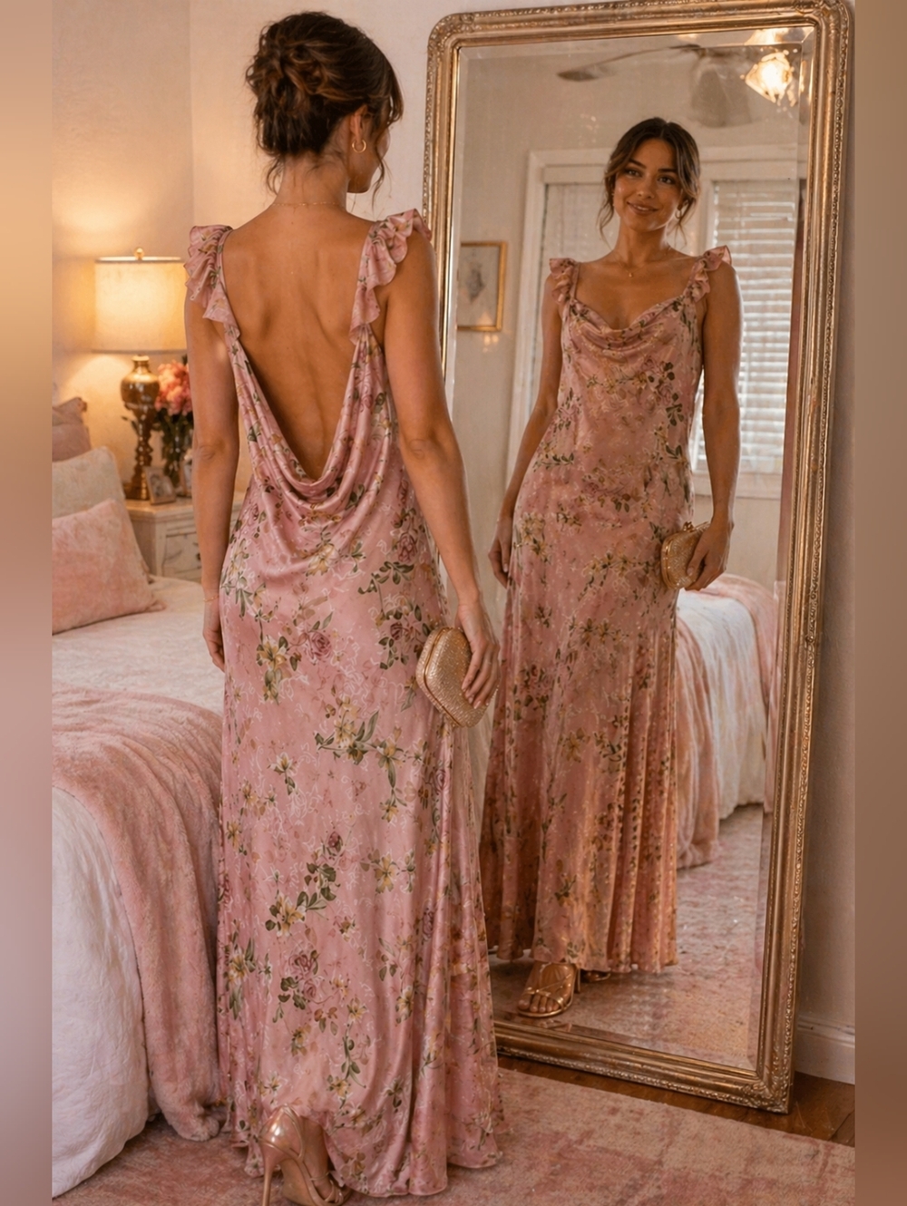 Floral Dress S Pink Maxi Dress Cowl Neck Backless Gown - Picture 4 of 6